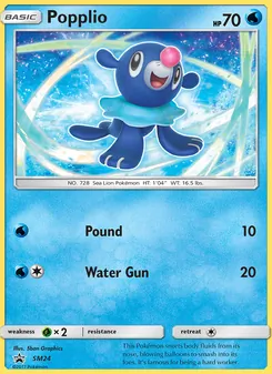 Popplio — SM Black Star Promos #SM24, 2017. Illustrated by 5ban Graphics.