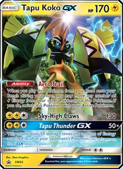 Tapu Koko GX — SM Black Star Promos #SM33, 2017. Illustrated by 5ban Graphics.