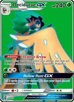 Decidueye GX — SM Black Star Promos #SM37, 2017. Illustrated by 5ban Graphics.