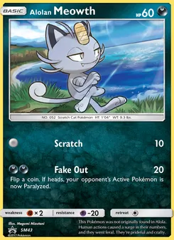 Alolan Meowth — SM Black Star Promos #SM43, 2017. Illustrated by Megumi Mizutani.