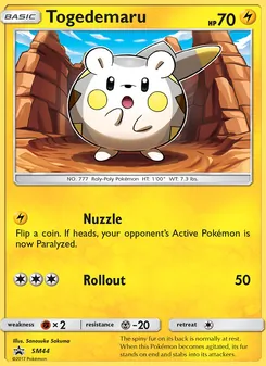 Togedemaru — SM Black Star Promos #SM44, 2017. Illustrated by Sanosuke Sakuma.