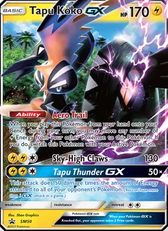 Tapu Koko GX — SM Black Star Promos #SM50, 2017. Illustrated by 5ban Graphics.
