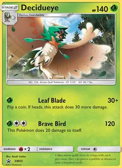 Decidueye — SM Black Star Promos #SM55, 2017. Illustrated by Kouki Saitou.