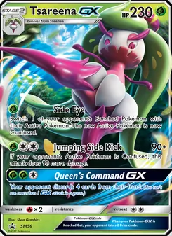 Tsareena GX — SM Black Star Promos #SM56, 2017. Illustrated by 5ban Graphics.
