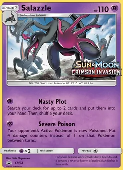 Salazzle — SM Black Star Promos #SM73, 2017. Illustrated by Shin Nagasawa.