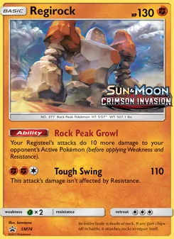 Regirock — SM Black Star Promos #SM74, 2017. Illustrated by kawayoo.