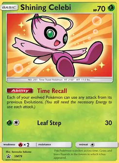 Shining Celebi — SM Black Star Promos #SM79, 2017. Illustrated by Sanosuke Sakuma.