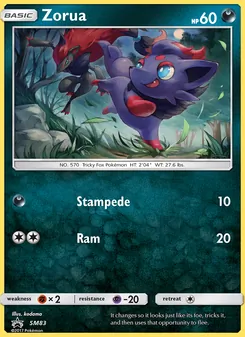Zorua — SM Black Star Promos #SM83, 2017. Illustrated by kodama.
