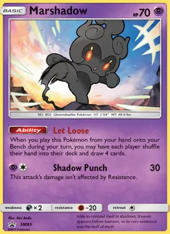 Marshadow — SM Black Star Promos #SM85, 2017. Illustrated by Emi Ando.