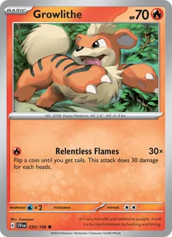 Growlithe — Scarlet & Violet #030, 2023. Illustrated by kawayoo.