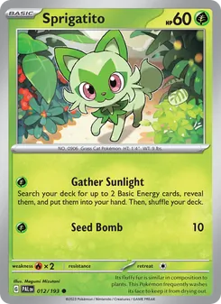 Sprigatito — Paldea Evolved #012, 2023. Illustrated by Megumi Mizutani.