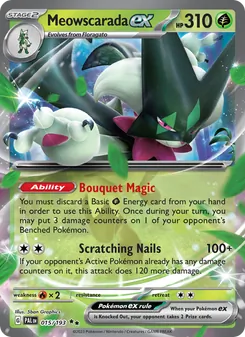 Meowscarada ex — Paldea Evolved #015, 2023. Illustrated by 5ban Graphics.