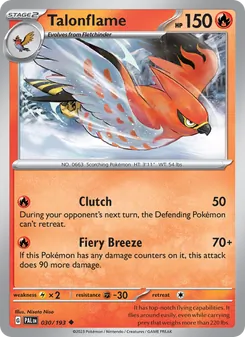 Talonflame — Paldea Evolved #030, 2023. Illustrated by Nisota Niso.