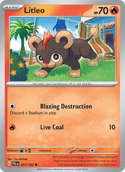 Litleo — Paldea Evolved #031, 2023. Illustrated by Yuu Nishida.