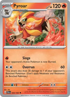 Pyroar — Paldea Evolved #032, 2023. Illustrated by Uta.