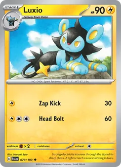 Luxio — Paldea Evolved #070, 2023. Illustrated by Narumi Sato.