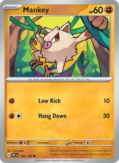 Mankey — Paldea Evolved #106, 2023. Illustrated by kurumitsu.