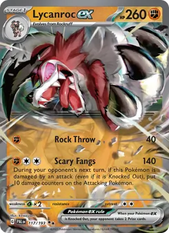 Lycanroc ex — Paldea Evolved #117, 2023. Illustrated by kawayoo.