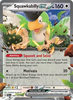 Squawkabilly ex — Paldea Evolved #169, 2023. Illustrated by PLANETA Mochizuki.