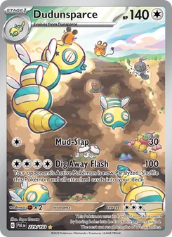 Dudunsparce — Paldea Evolved #229, 2023. Illustrated by Saya Tsuruta.