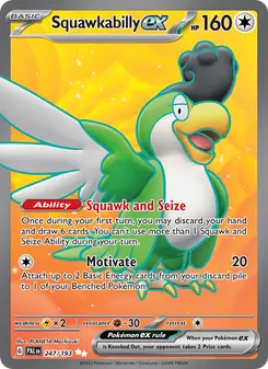 Squawkabilly ex — Paldea Evolved #247, 2023. Illustrated by PLANETA Mochizuki.