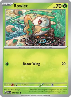 Rowlet — Obsidian Flames #013, 2023. Illustrated by Tomokazu Komiya.