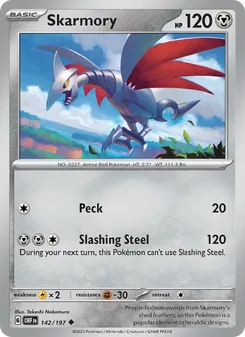 Skarmory — Obsidian Flames #142, 2023. Illustrated by Takeshi Nakamura.