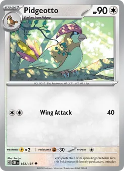Pidgeotto — Obsidian Flames #163, 2023. Illustrated by Kariya.