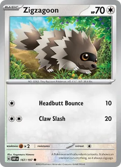 Zigzagoon — Obsidian Flames #167, 2023. Illustrated by Kagemaru Himeno.