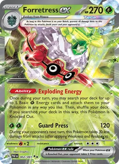Forretress ex — Paldean Fates #002, 2024. Illustrated by 5ban Graphics.