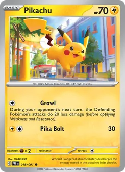 Pikachu — Paldean Fates #018, 2024. Illustrated by OKACHEKE.