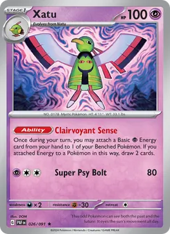 Xatu — Paldean Fates #026, 2024. Illustrated by DOM.