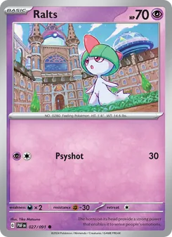 Ralts — Paldean Fates #027, 2024. Illustrated by Tika Matsuno.