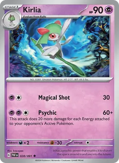 Kirlia — Paldean Fates #028, 2024. Illustrated by kawayoo.
