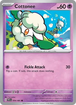 Cottonee — Paldean Fates #034, 2024. Illustrated by kurumitsu.