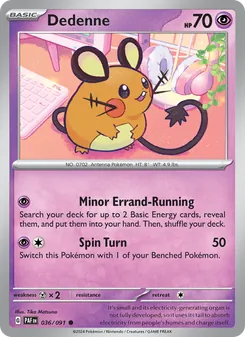 Dedenne — Paldean Fates #036, 2024. Illustrated by Tika Matsuno.