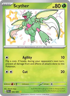 Scyther — Paldean Fates #095, 2024. Illustrated by Hitoshi Ariga.