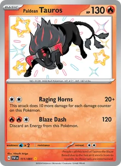 Paldean Tauros — Paldean Fates #111, 2024. Illustrated by Hitoshi Ariga.