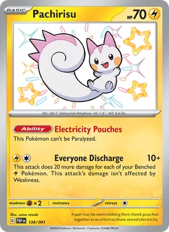 Pachirisu — Paldean Fates #138, 2024. Illustrated by saino misaki.