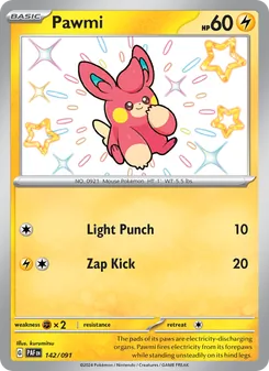 Pawmi — Paldean Fates #142, 2024. Illustrated by kurumitsu.