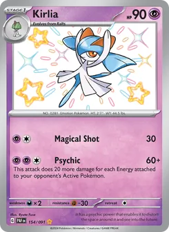 Kirlia — Paldean Fates #154, 2024. Illustrated by Ryuta Fuse.