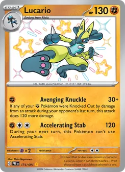 Lucario — Paldean Fates #174, 2024. Illustrated by Shin Nagasawa.