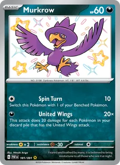 Murkrow — Paldean Fates #181, 2024. Illustrated by Hitoshi Ariga.