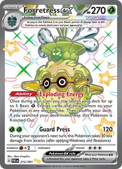 Forretress ex — Paldean Fates #212, 2024. Illustrated by 5ban Graphics.