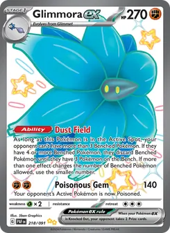 Glimmora ex — Paldean Fates #218, 2024. Illustrated by 5ban Graphics.
