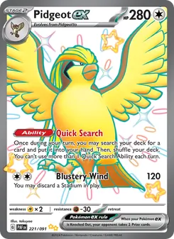 Pidgeot ex — Paldean Fates #221, 2024. Illustrated by takuyoa.
