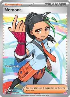 Nemona — Paldean Fates #229, 2024. Illustrated by Sanosuke Sakuma.