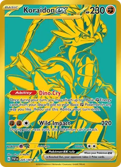 Koraidon ex — Paldean Fates #245, 2024. Illustrated by aky CG Works.
