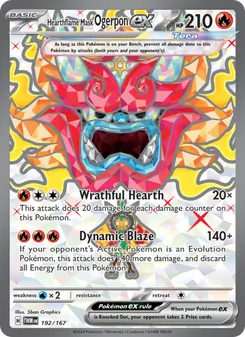 Hearthflame Mask Ogerpon ex — Twilight Masquerade #192, 2024. Illustrated by 5ban Graphics.