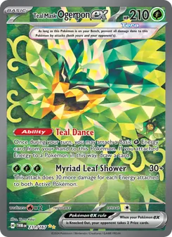 Teal Mask Ogerpon ex — Twilight Masquerade #211, 2024. Illustrated by Yano Keiji.